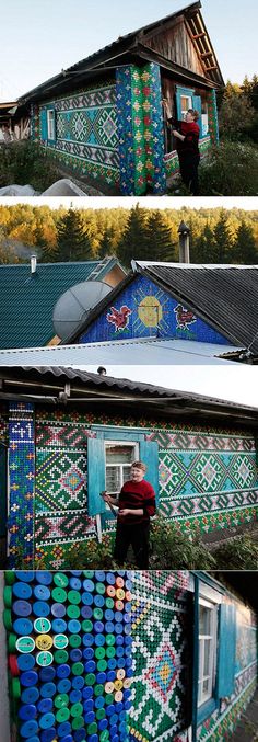 Pensioner Olga Kostina works on a mosaic, made from plastic bottle caps, which decorates the facade of her house, in the village of Kamarchaga, in the Siberian Taiga area about 80 km (50 miles) southeast of Krasnoyarsk, September 10, 2012. Kostina used more than 30,000 coloured caps to decorate her house and other constructions in the courtyard while following the techniques of macrame weaving, a technique of textile-making using knots. REUTERS/Ilya Naymushin (RUSSIA - Tags: SOCIETY)